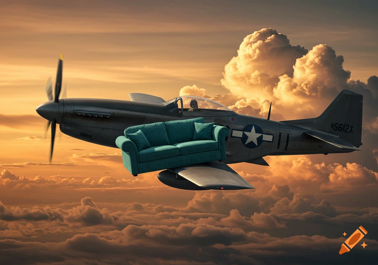 A green couch rests on the wing of a grey fighter plane flying through a cloudy, orange sunset sky.
