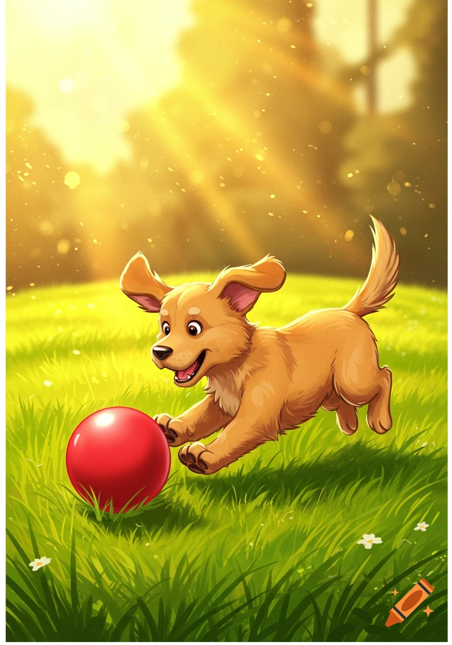 A playful cartoon golden puppy runs on green grass towards a bright red ball in a sunny field.