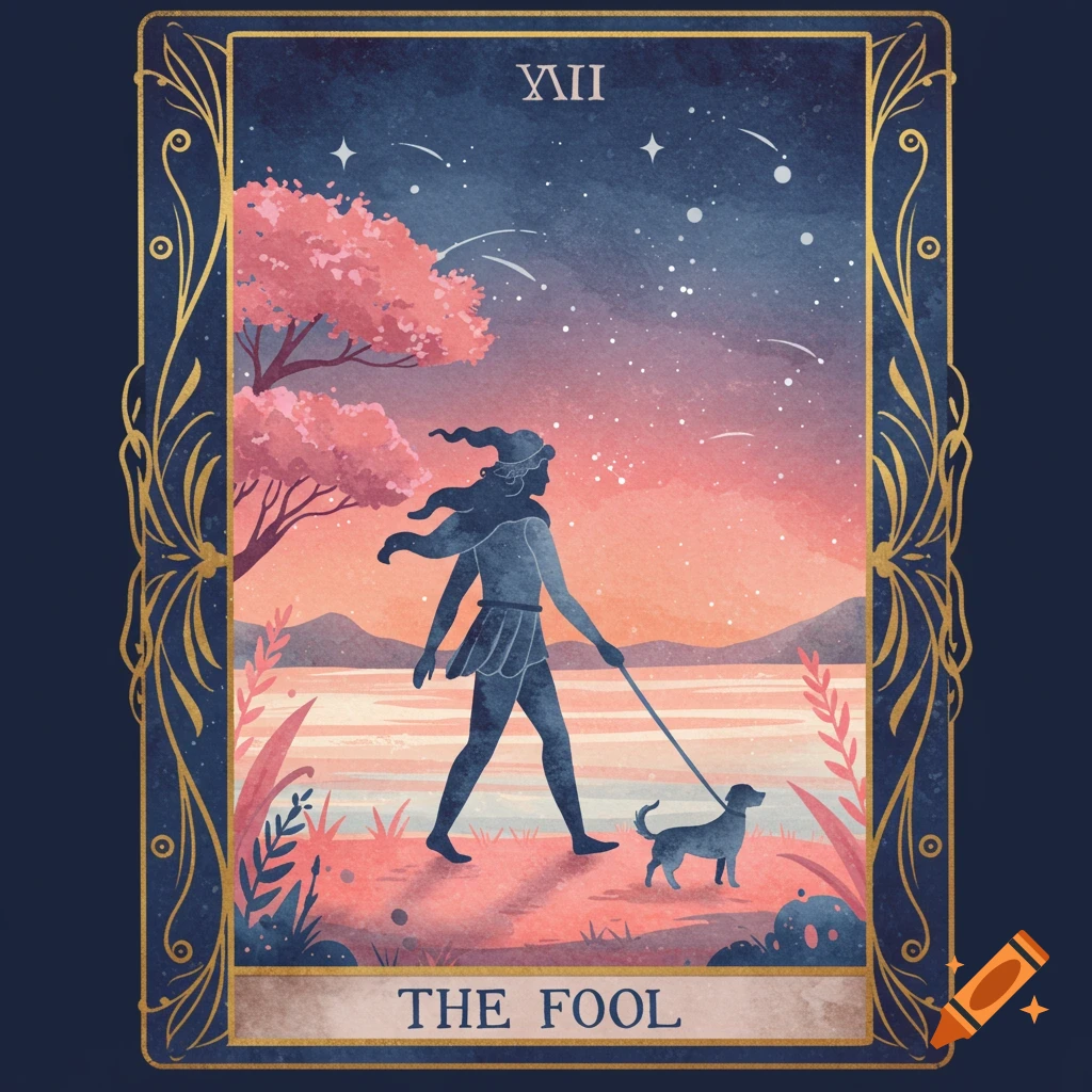 A stylized watercolor tarot card depicting a figure and a small dog walking under a starry sky at sunset, framed by ornate gold borders.