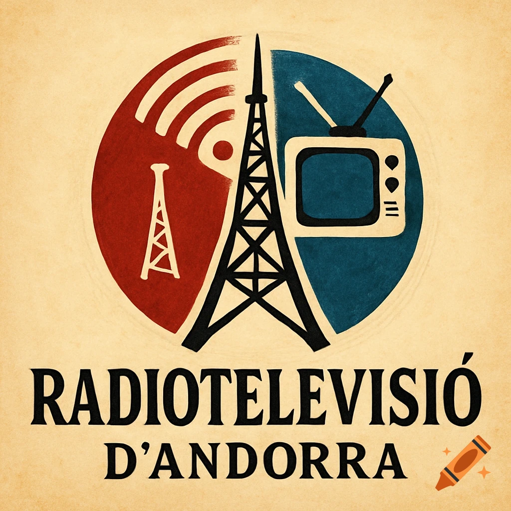 Vintage-style logo featuring a radio tower, broadcast waves, an old television, and the text "RADIOTELEVISI A D'ANDORRA".