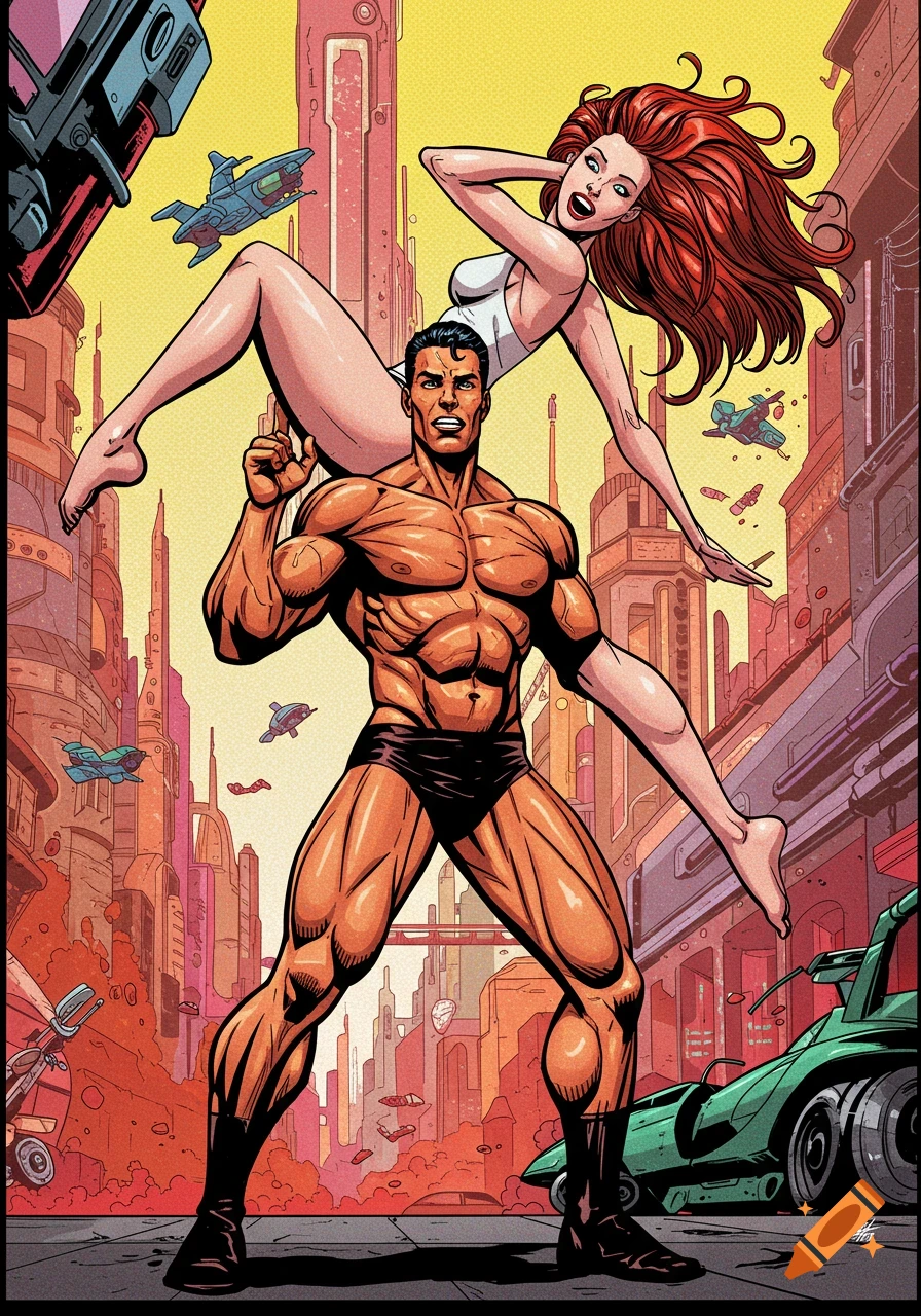 A muscular man in briefs holding a woman in a swimsuit against a retro sci-fi city with flying vehicles in a comic book art style.