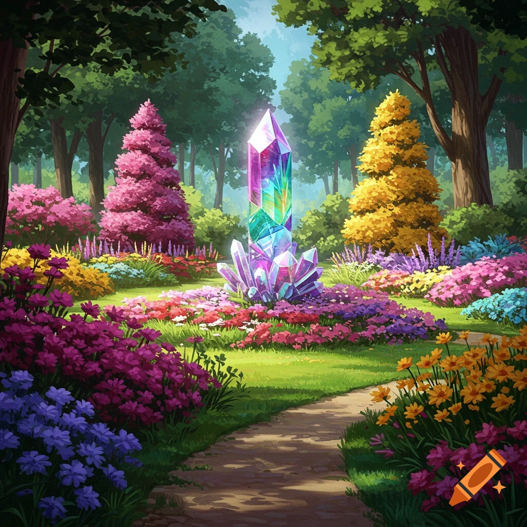 A vibrant fantasy garden featuring a large, glowing, multi-colored crystal surrounded by various colorful flowers, lush green grass, and tall trees, with a stone path.