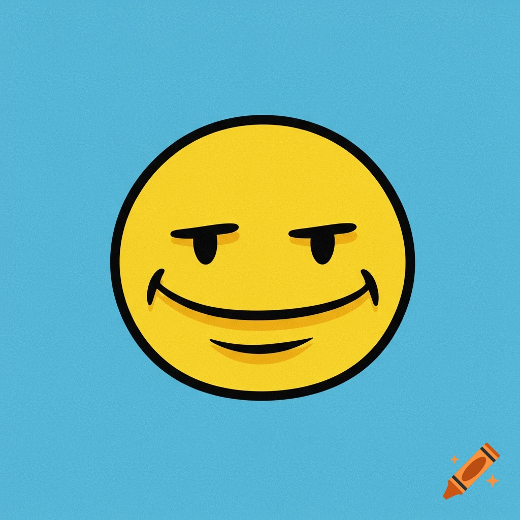 A yellow smiley face with slanted line eyes and a curved smile on a blue background.