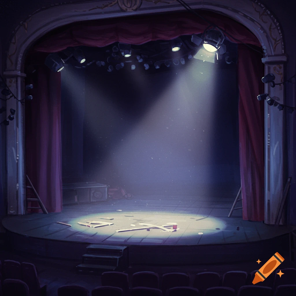 An empty theater stage with a red curtain, rows of seats, and bright spotlights illuminating the center.