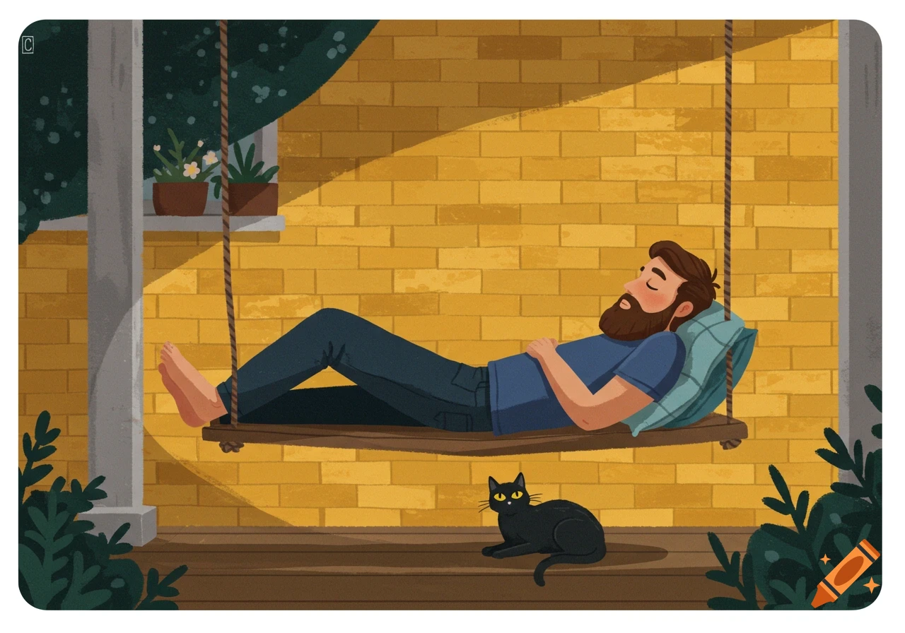 A bearded man sleeps on a porch swing under sunlight, with a black cat below on the wooden floor, in an illustration style.