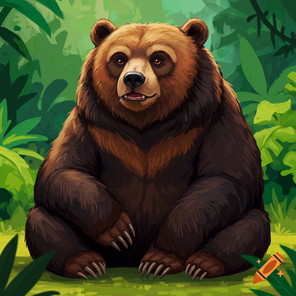 An illustration of a brown bear sitting in a lush green jungle.