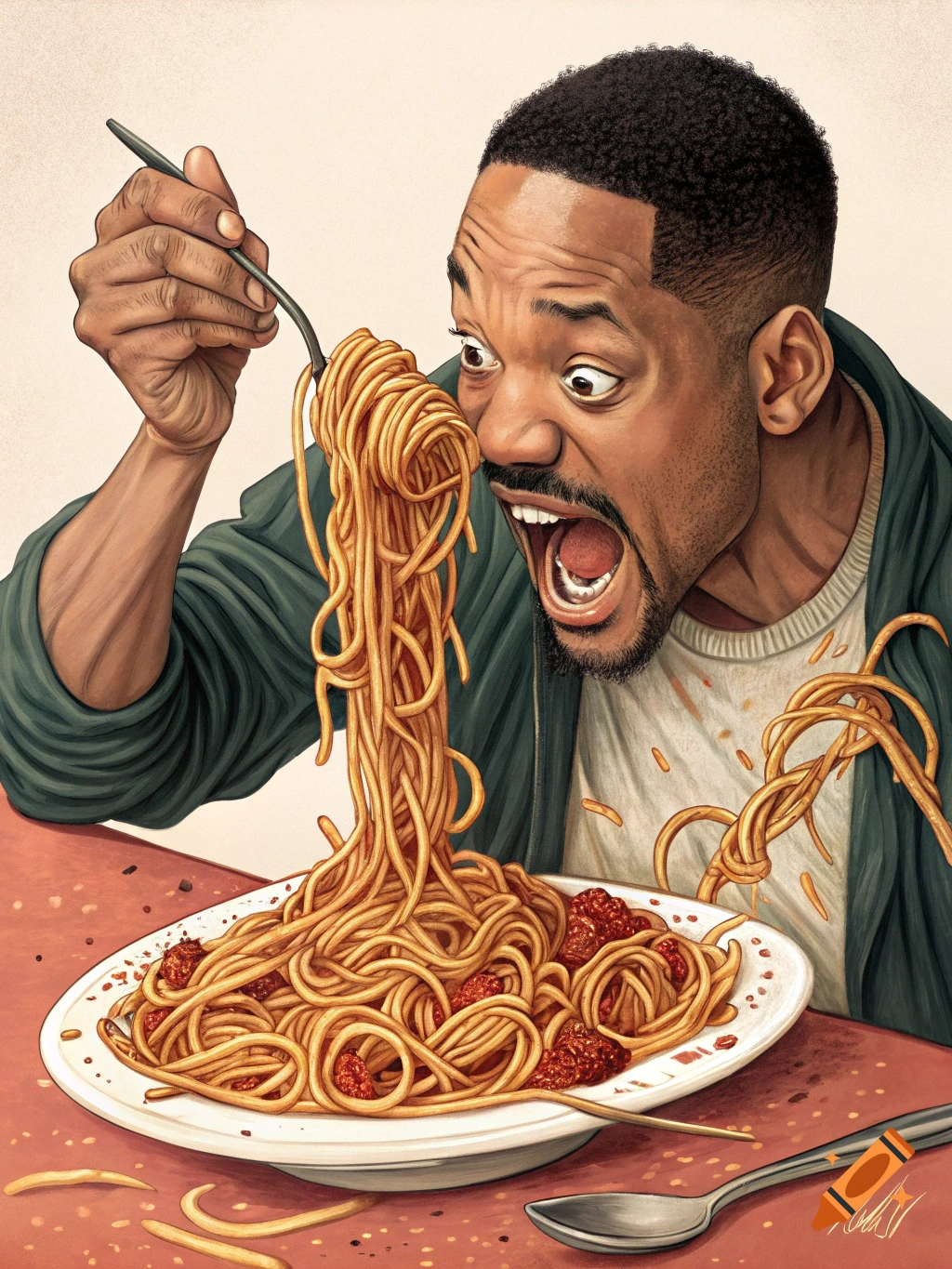 Illustrated caricature of Will Smith with a wide-open mouth, holding a large forkful of spaghetti above a plate of pasta with meatballs.