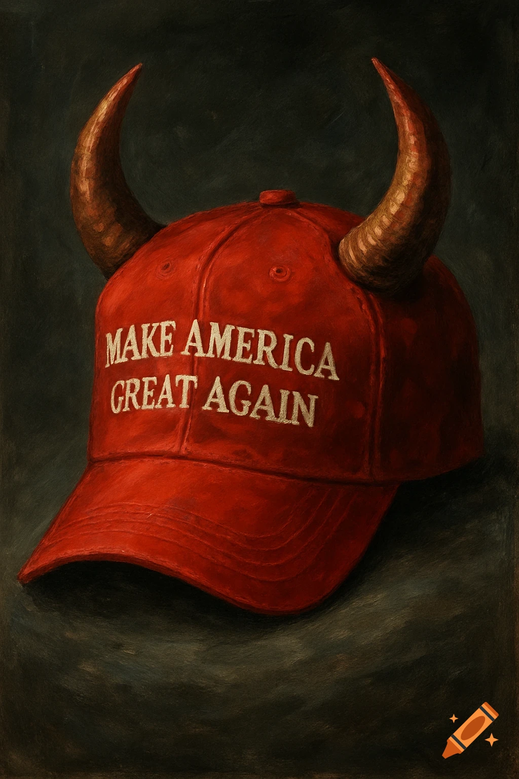 A detailed painting of a red baseball cap with 'MAKE AMERICA GREAT AGAIN' text, featuring two brown devil horns protruding from the top, against a dark, textured background.