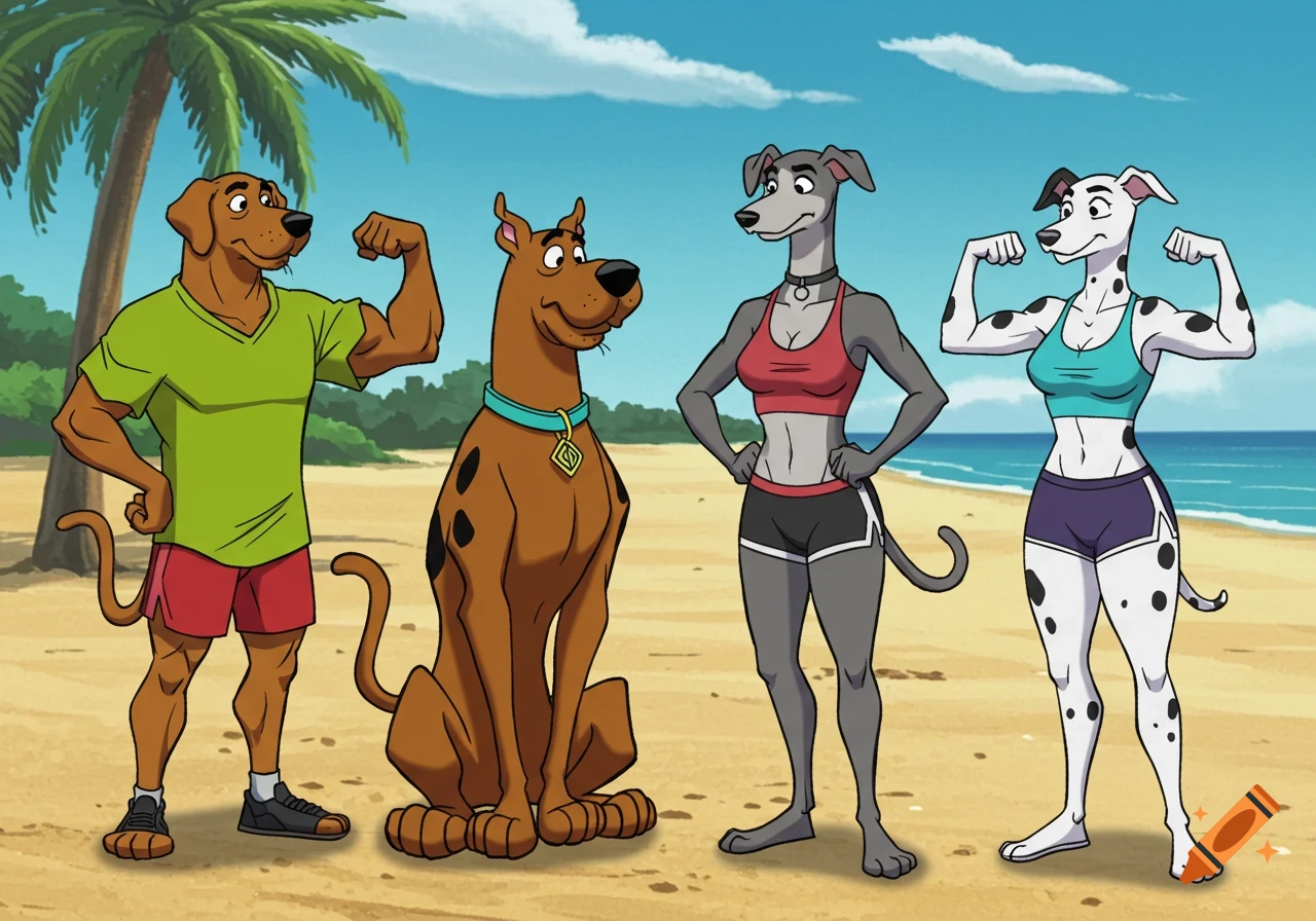A cartoon image of four muscular, anthropomorphic dogs, including Scooby Doo, flexing on a sandy beach.