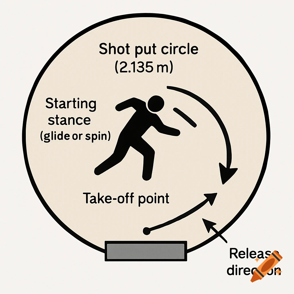A diagram of a shot put circle showing starting stance, take-off point, and release direction for an athlete.