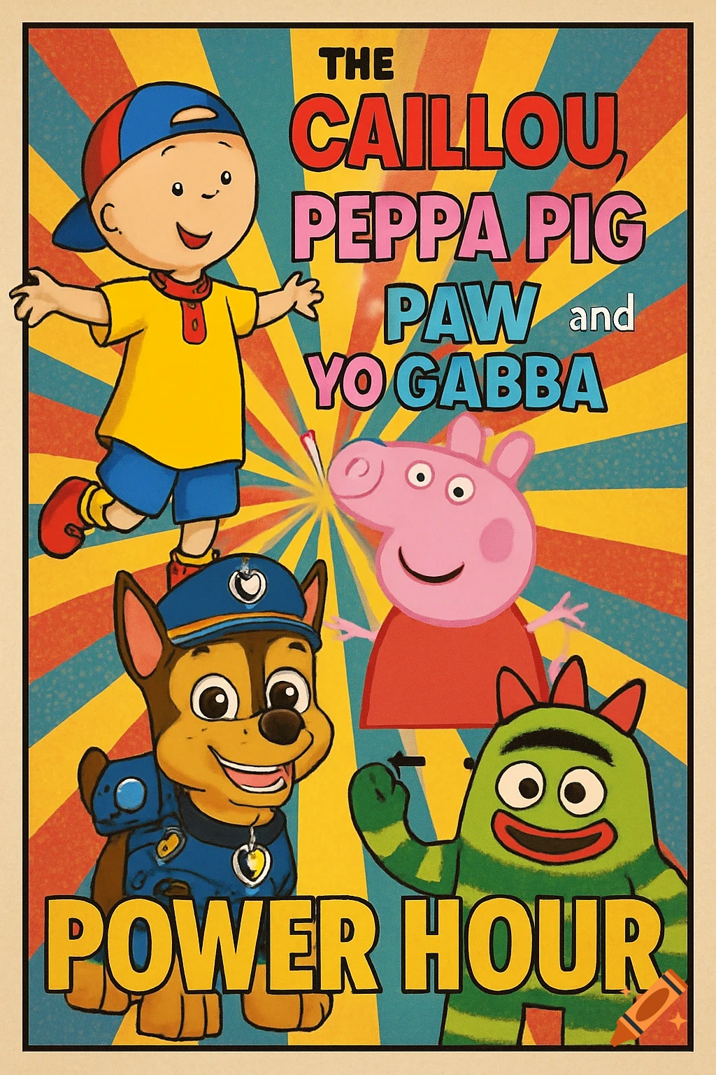 A vintage-style poster features Caillou, Peppa Pig, Chase from Paw Patrol, and Brobee from Yo Gabba Gabba, with text reading "THE CAILLOU, PEPPA PIG PAW and YO GABBA POWER HOUR".