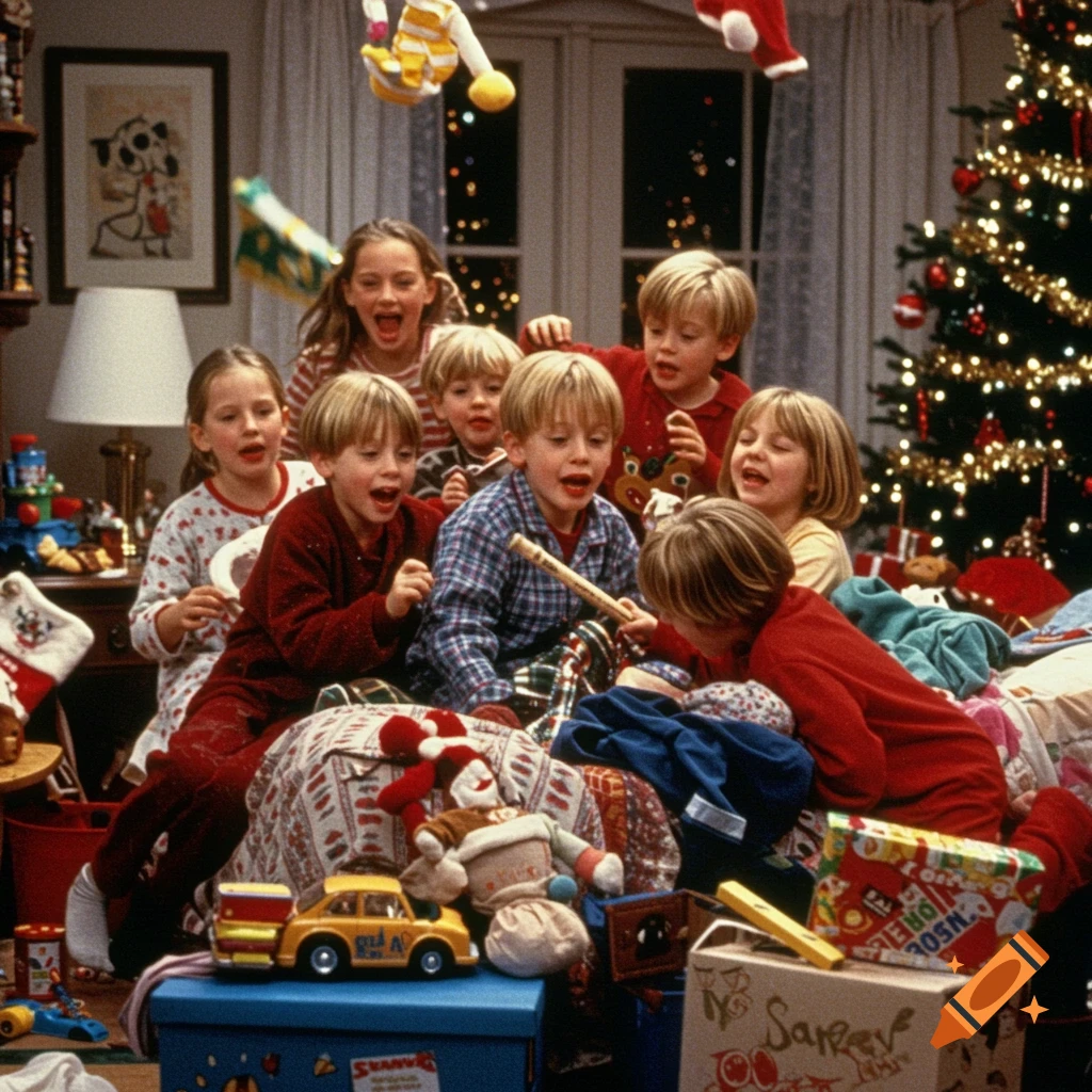 Kevin McCallister and his siblings joyfully open Christmas presents in a chaotic living room scene from Home Alone.