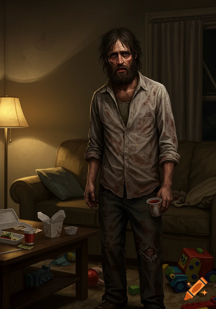 A weary, disheveled man with a beard and dark hair stands in a messy living room with takeout containers and toys on the floor.