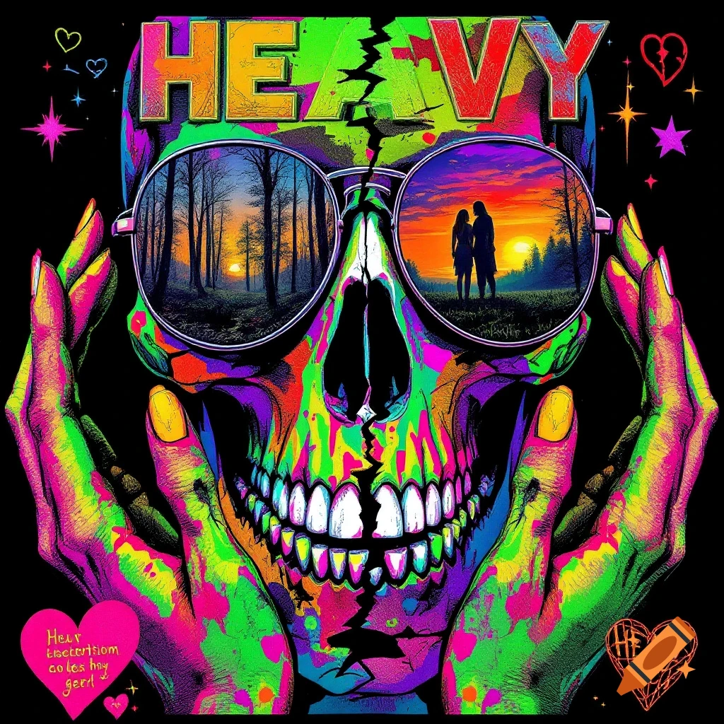 Vibrant, neon-colored skull holding aviator sunglasses reflecting a forest sunset and couple, with 'HEAVY' text on top.