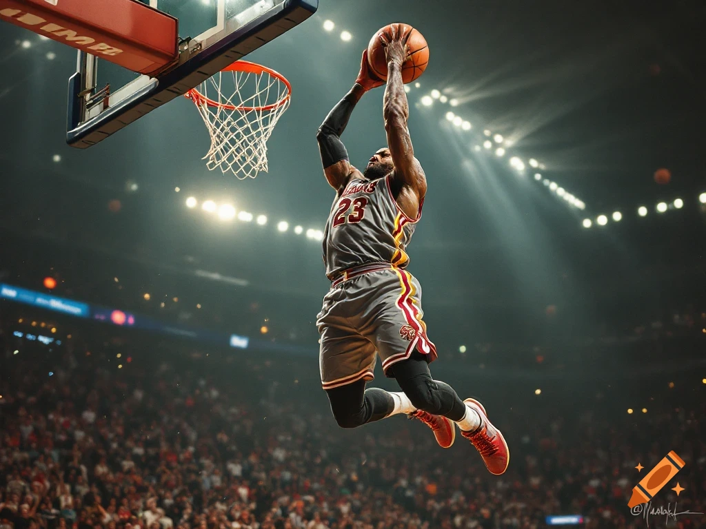 Photorealistic image of a basketball player in a grey jersey with number 23, mid-dunk, in a brightly lit arena.