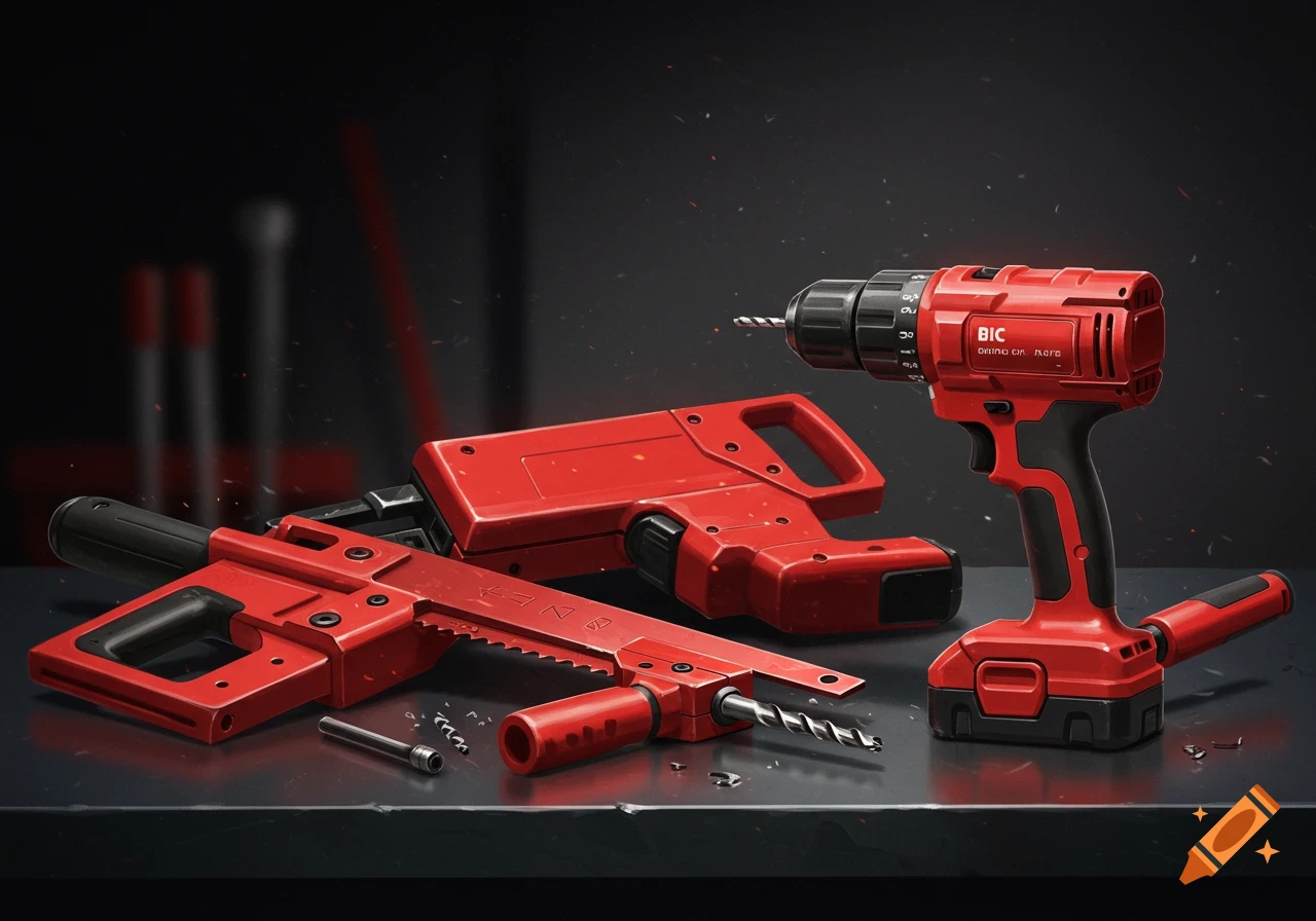 A close-up shot of a red power drill and another red handheld tool with a saw blade on a dark surface, with small metallic debris scattered around.