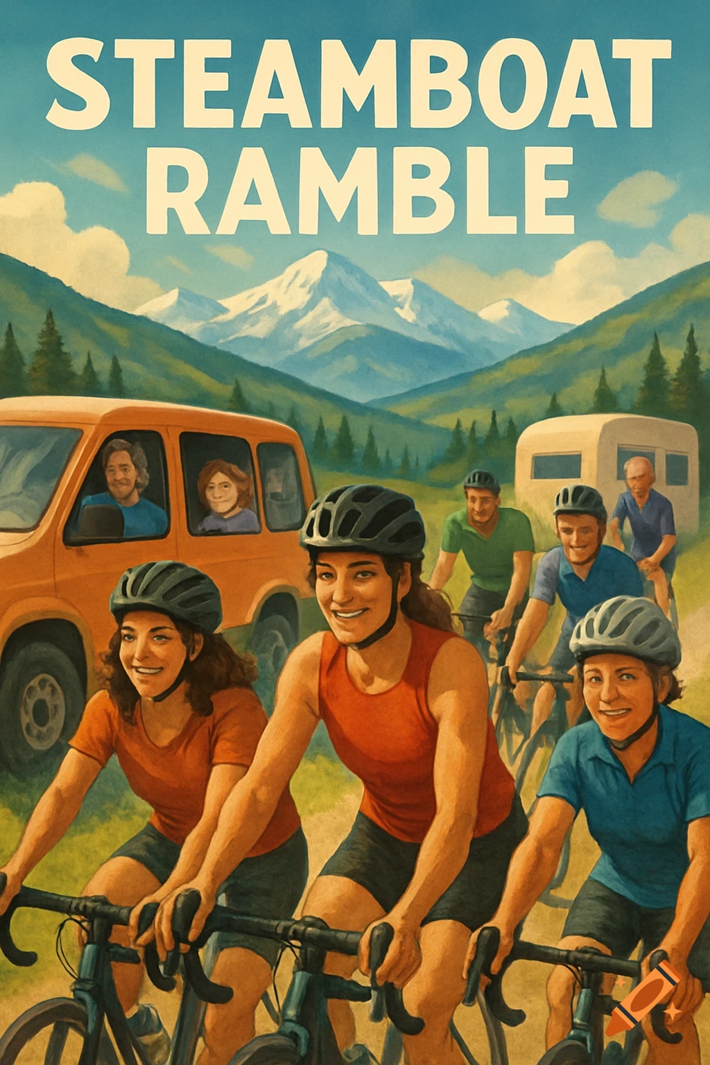 A vintage-style poster depicting a group of people biking on a road with mountains and forests in the background. A van and a camper are also visible. Text at the top reads "STEAMBOAT RAMBLE".