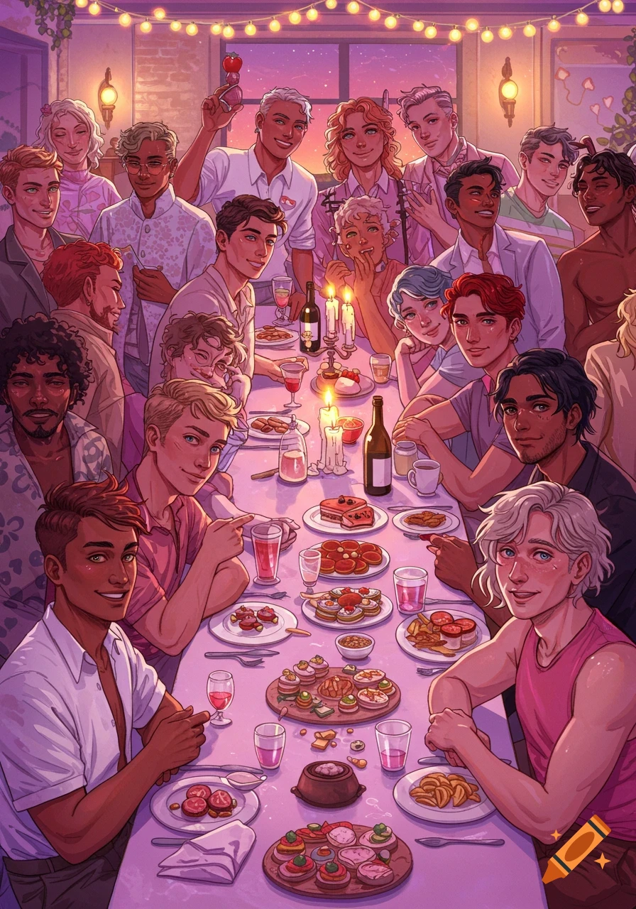 A stylized illustration of a large group of diverse men enjoying a festive dinner around a long table with candles and string lights.