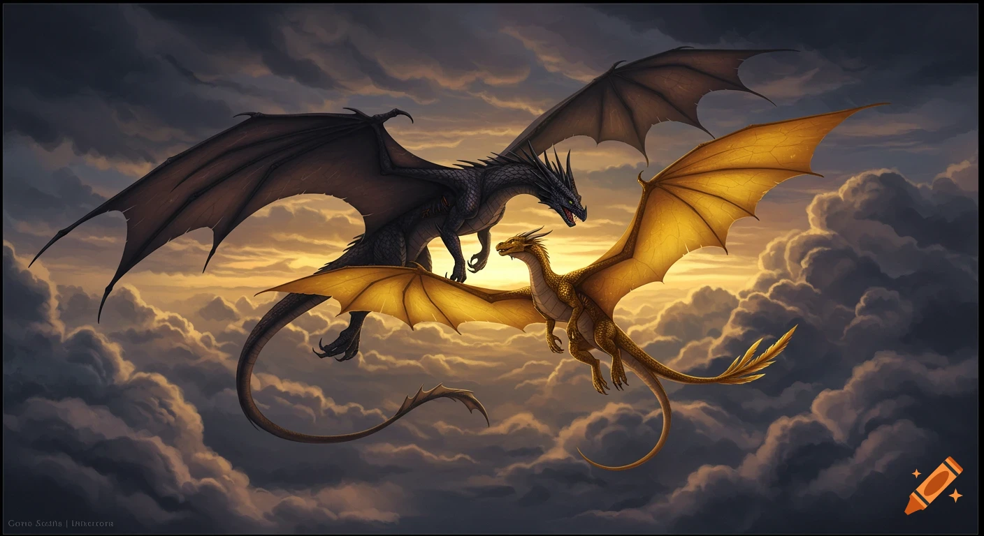 A large black dragon and a smaller gold dragon with feathered tail fly side-by-side through a cloudy, sunset sky.