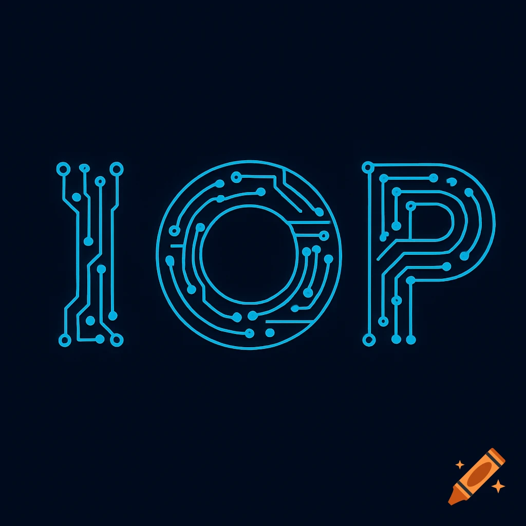 Blue circuit board letters I O P on a dark background.