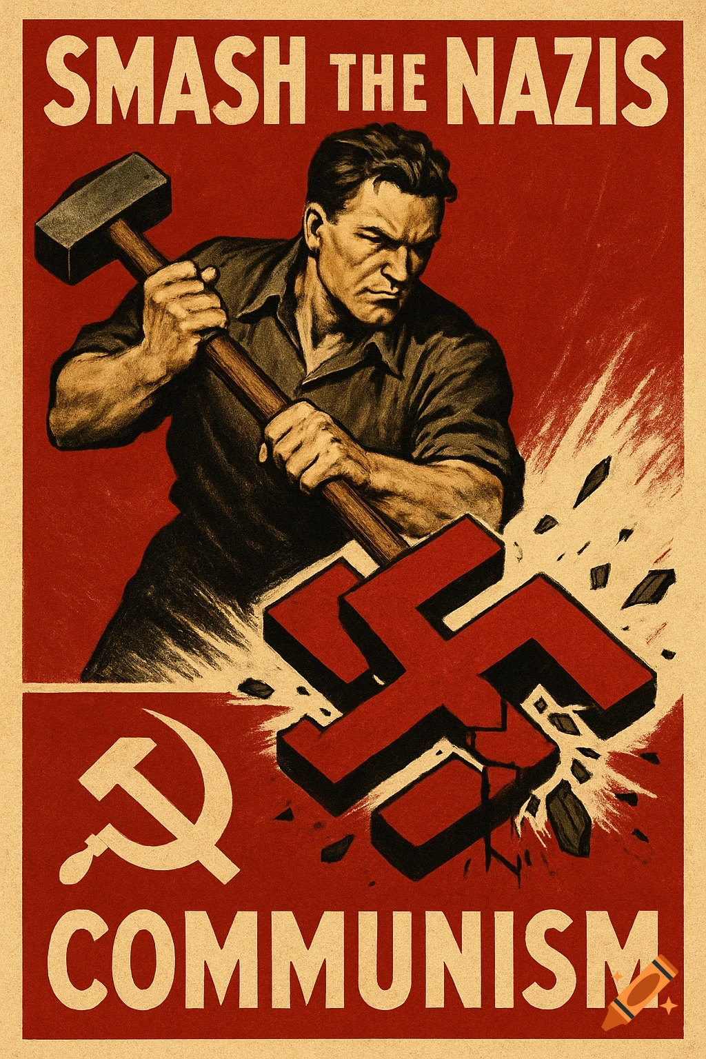 Vintage propaganda poster of a man smashing a swastika with a sledgehammer, with 'SMASH THE NAZIS' and 'COMMUNISM' text.