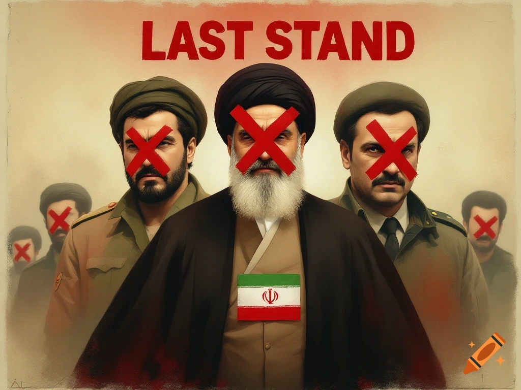 A propaganda poster showing several men in military attire and religious garb with red X's over their faces, and the words "LAST STAND" at the top. The central figure has an Iranian flag on his chest.