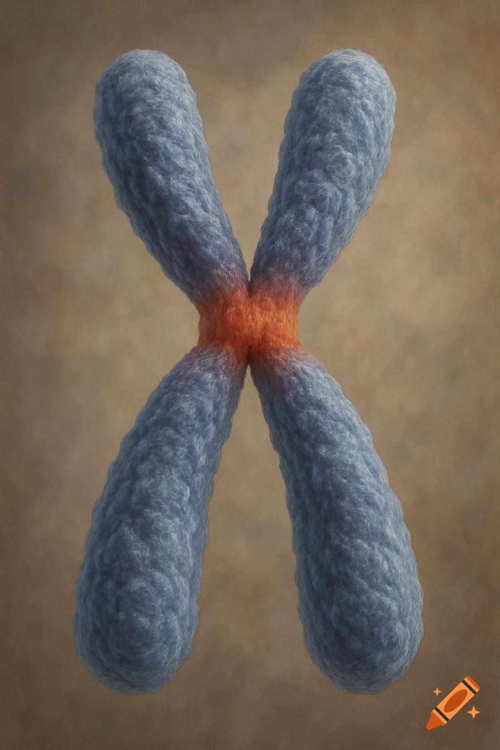 A detailed illustration of a blue, X-shaped human chromosome with a glowing orange centromere, set against a brown background.