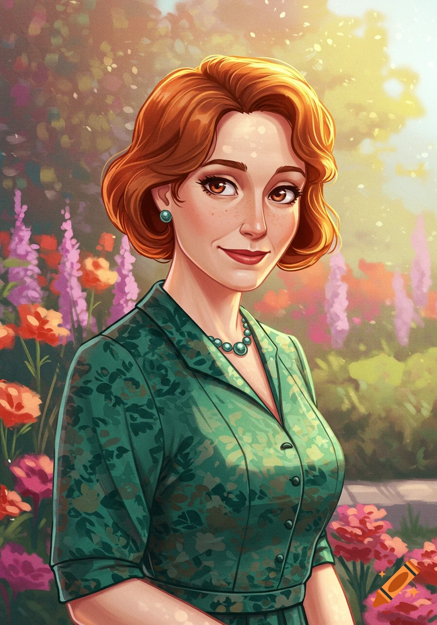 A vibrant digital illustration of a woman with red hair and a green dress, smiling in a sunny garden filled with colorful flowers.