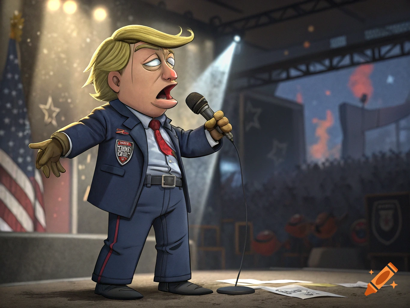 A stylized cartoon of Donald Trump as a puppet, holding a microphone and speaking on a stage with an American flag and a crowd in the background.