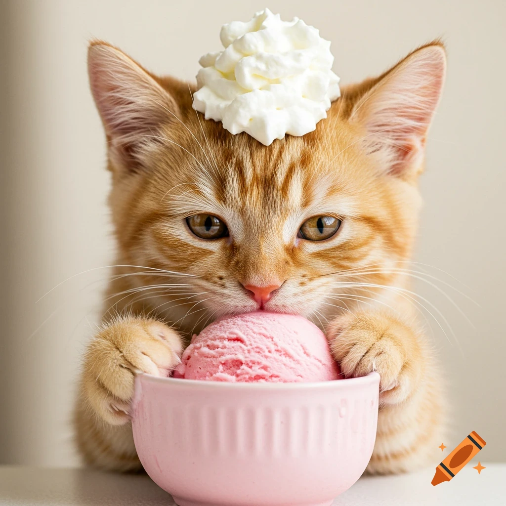 An orange kitten holds a pink cup of ice cream with a dollop of whipped cream on its head, in a photorealistic style.