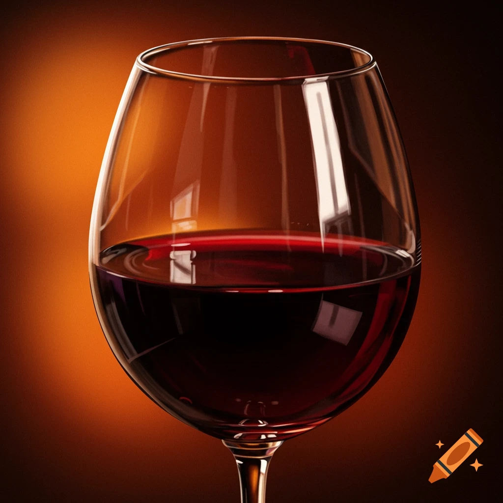 A close-up, photorealistic shot of a wine glass filled with red wine against a warm, dark orange background.