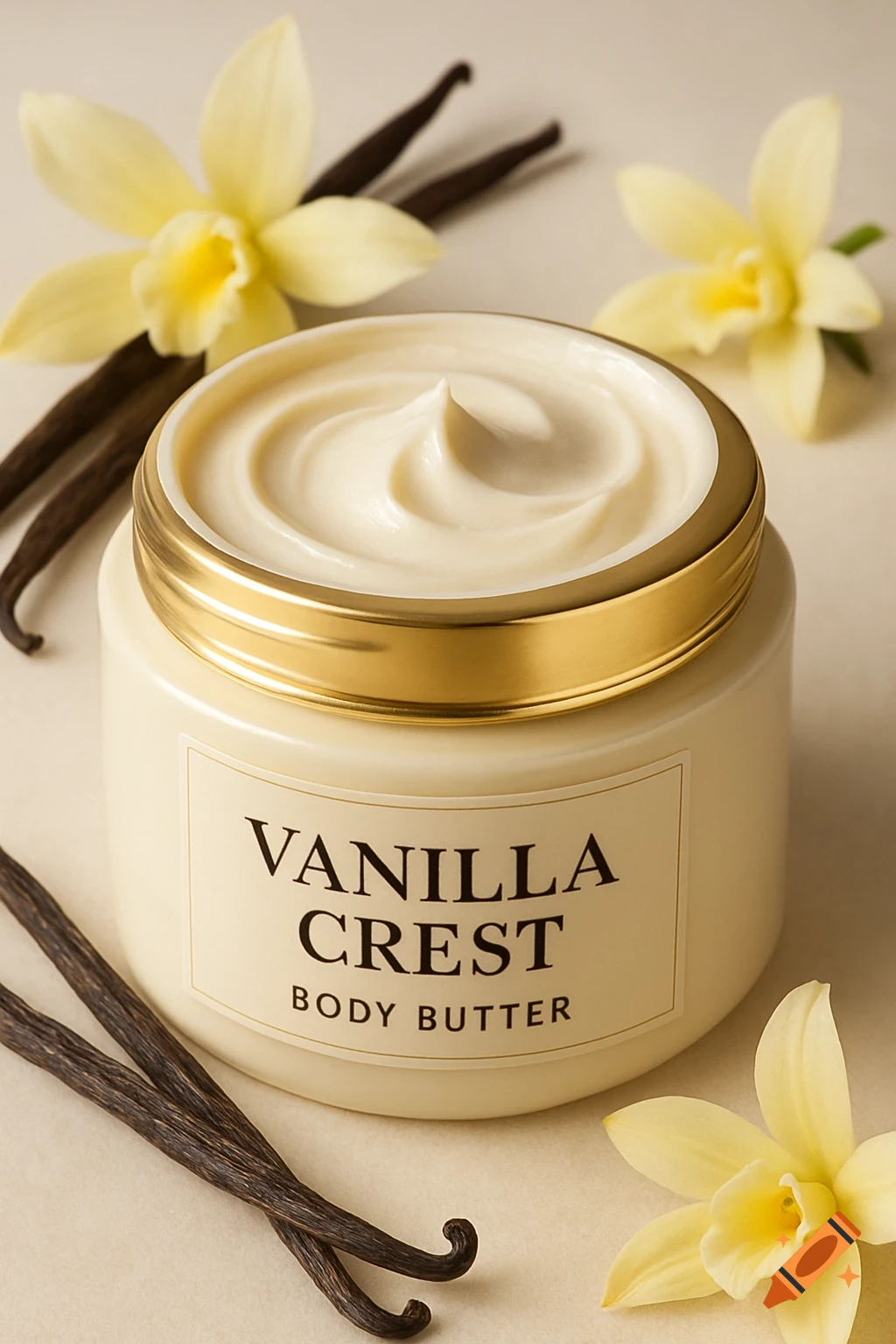 A cream-colored jar of 'Vanilla Crest Body Butter' with a gold lid, surrounded by vanilla beans and yellow vanilla flowers on a light background.