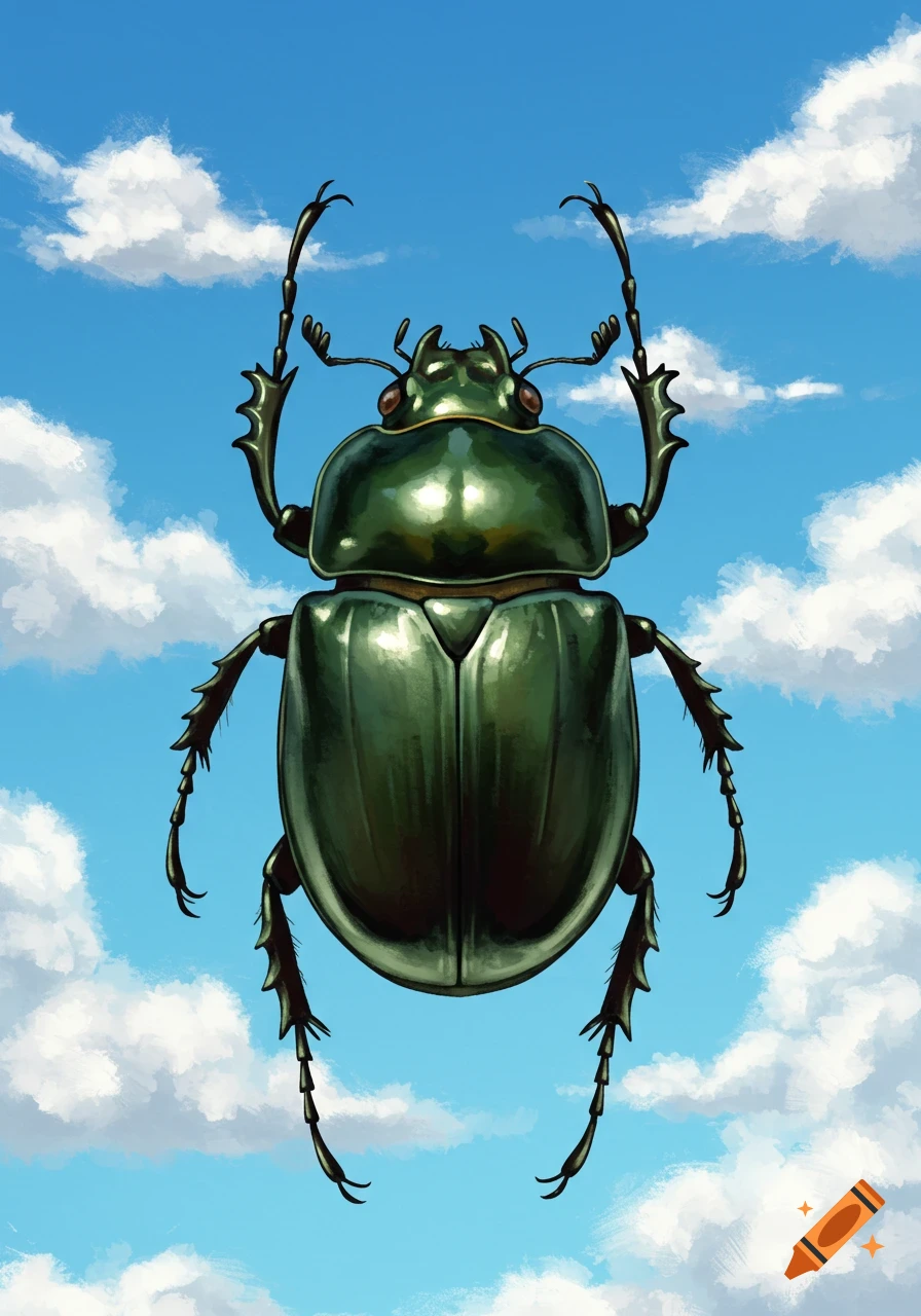 A shiny green scarab beetle flying against a bright blue sky with white clouds.