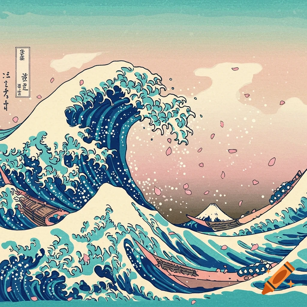 Stylized Japanese woodblock print of a giant crashing wave with boats, Mount Fuji, and falling cherry blossoms under a pink and blue sky.