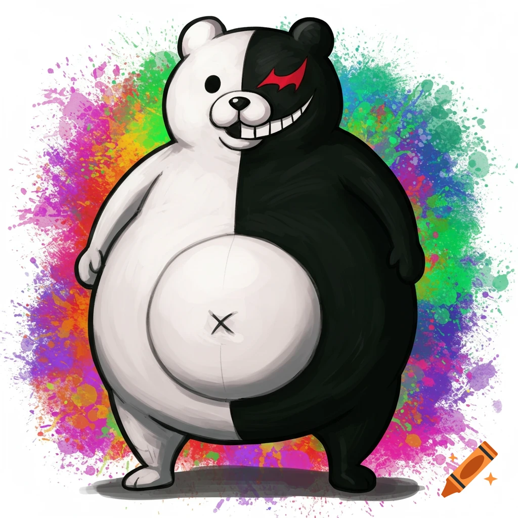 Monokuma, a black and white bear with a wide smile and red eye mark, stands with a gigantic belly against a backdrop of colorful paint splatters in an anime style.