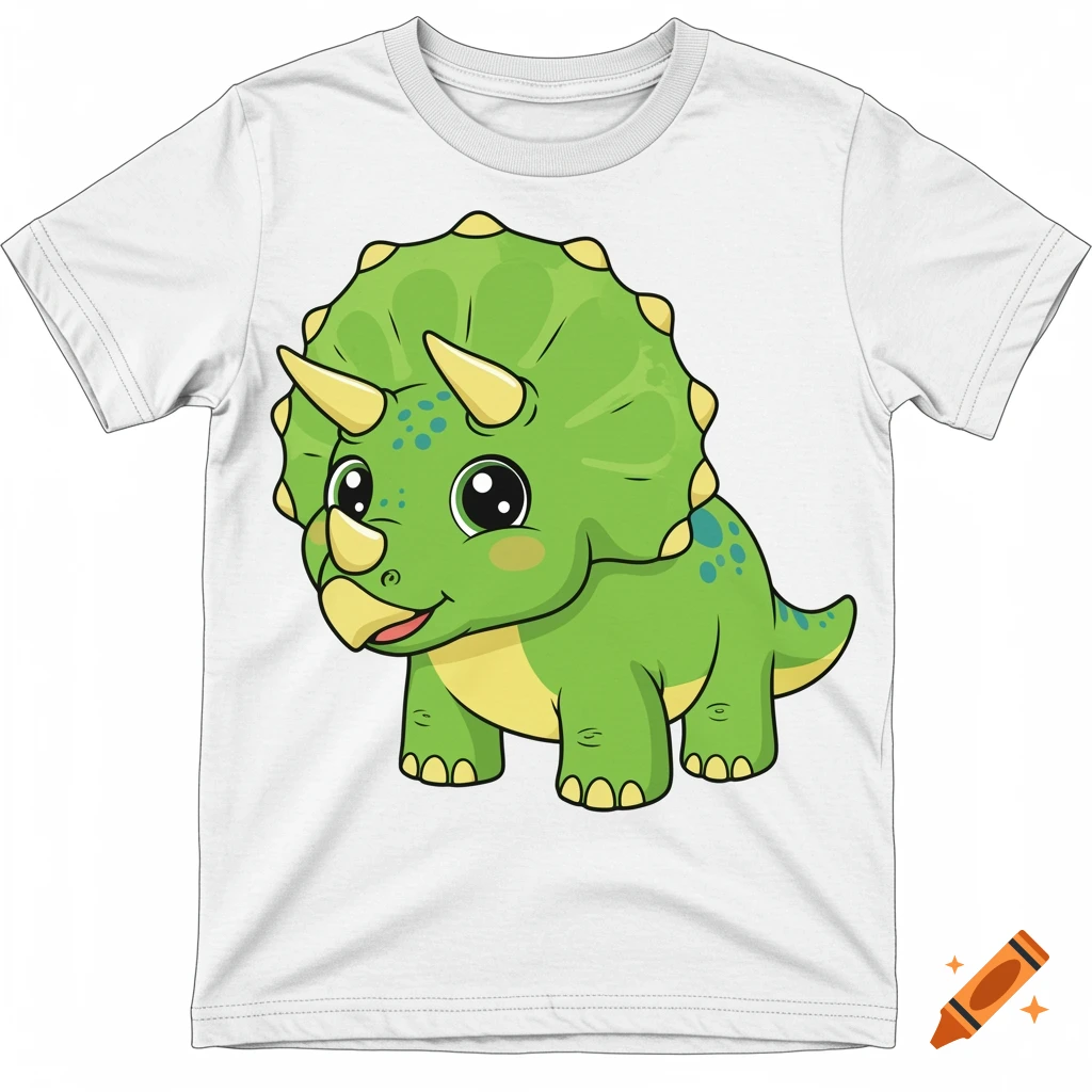 A cute green cartoon triceratops with yellow horns and blue spots on a white t-shirt.