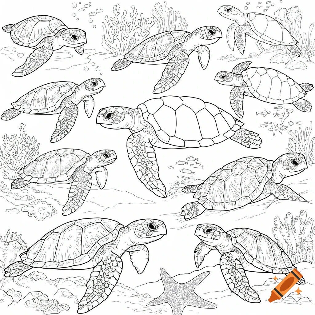 Black and white line art of several sea turtles swimming underwater with coral and small fish, in a coloring book style.