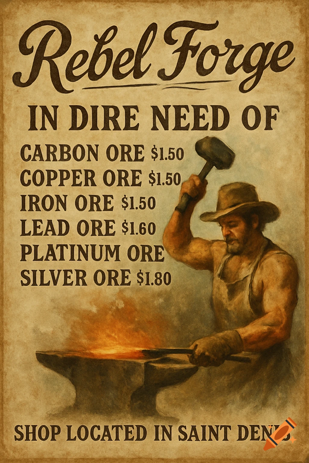 A vintage-style flyer with a blacksmith at a forge. The flyer reads "Rebel Forge" at the top, lists ores like "Carbon Ore $1.50", "Copper Ore $1.50", "Iron Ore $1.50", "Lead Ore $1.60", "Platinum Ore", and "Silver Ore $1.80", and says "Shop located in Saint Denis" at the bottom.