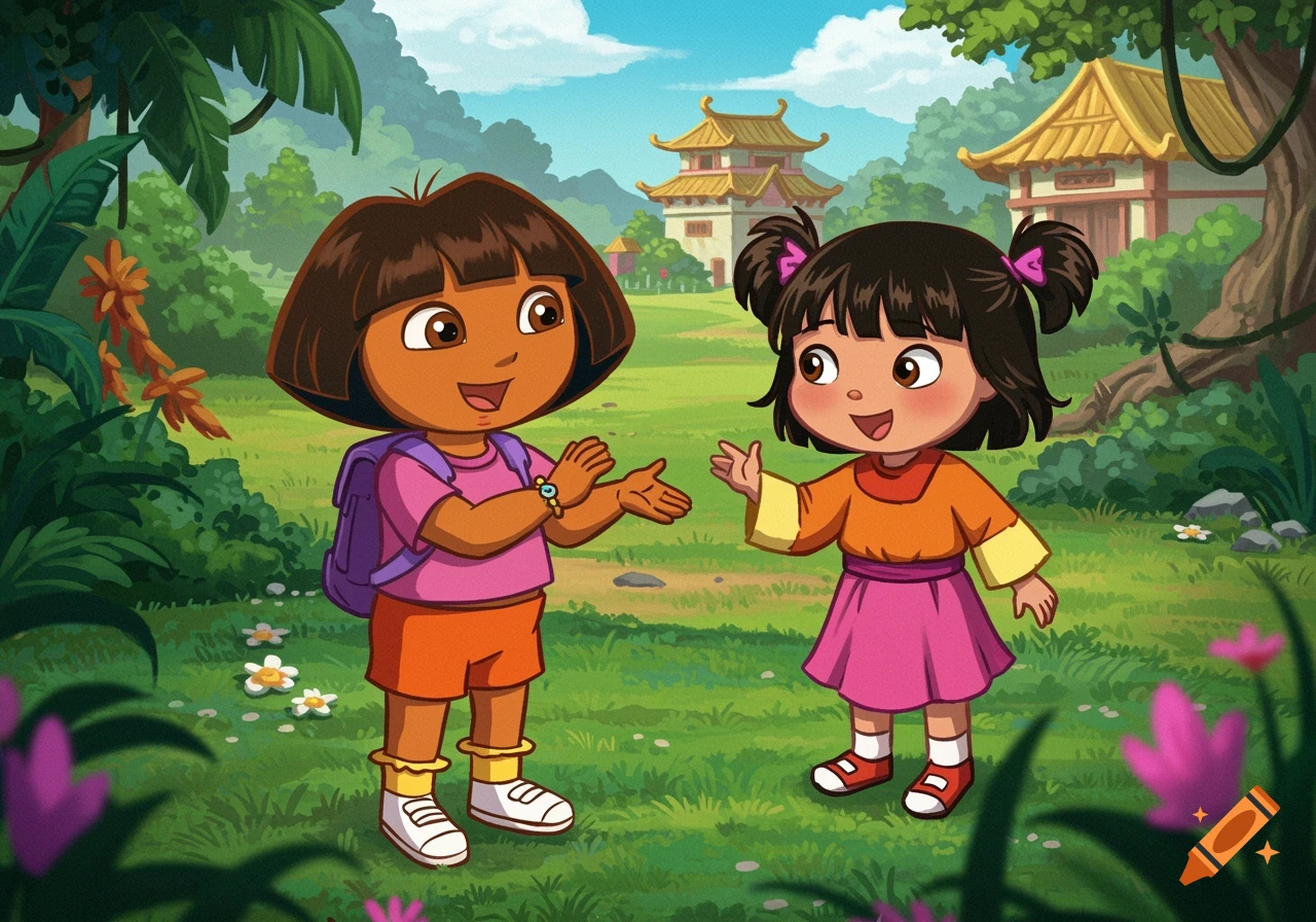 Dora the Explorer and Kai-Lan stand outdoors in a lush green landscape with Asian-style buildings, looking happy in a cartoon style.