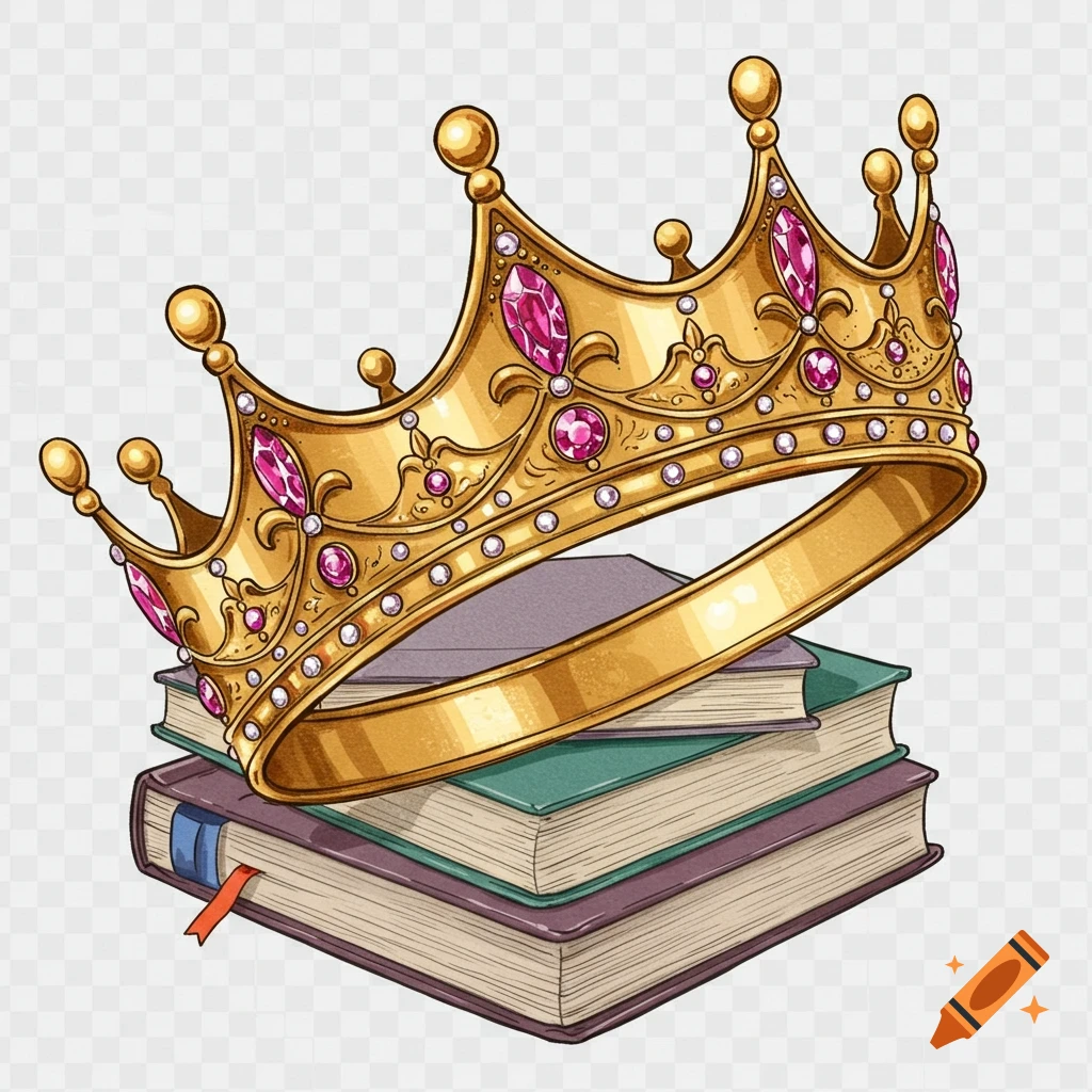 An illustration of a gold crown with pink jewels tilted on a stack of books, on a transparent background.