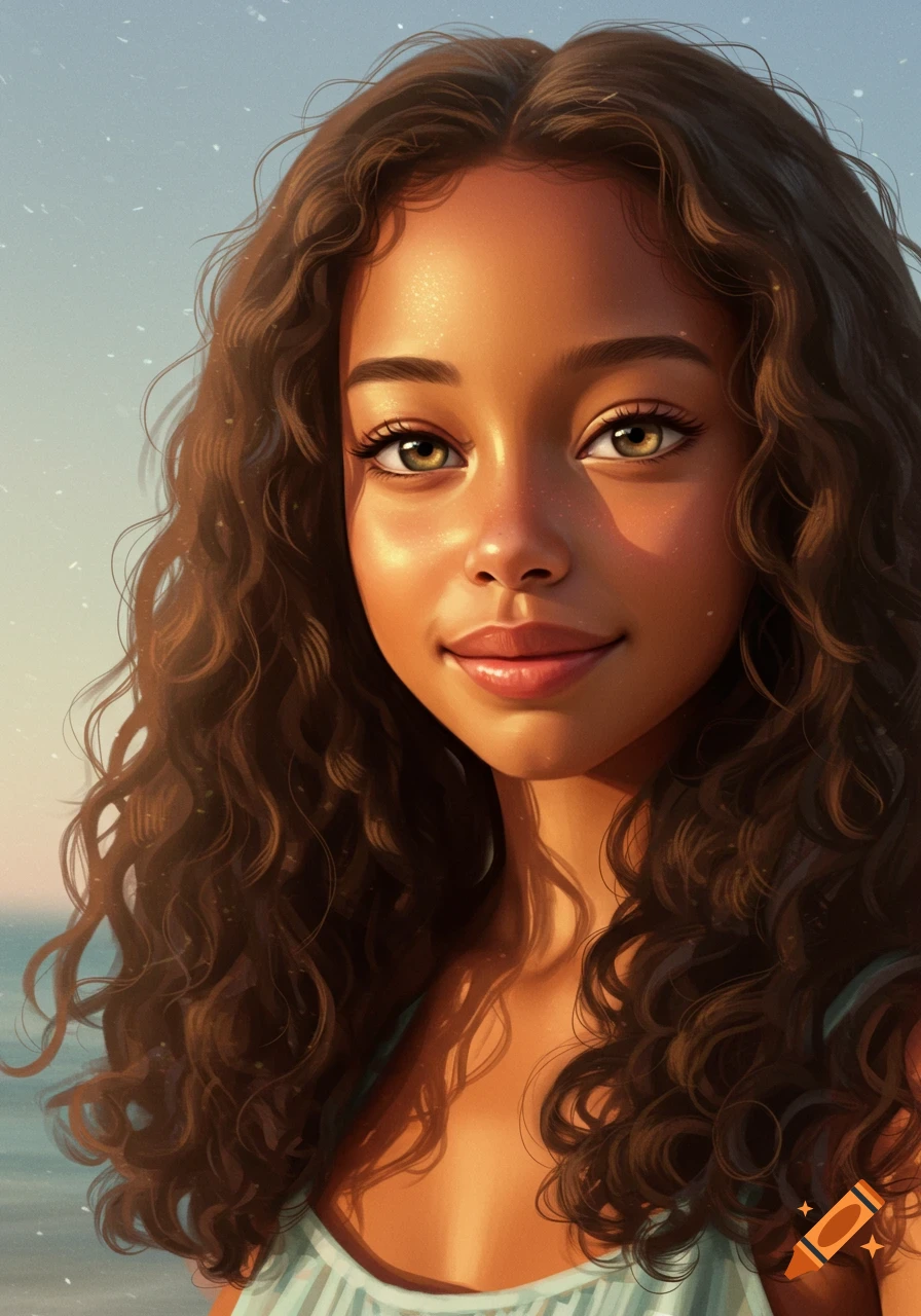 A digital painting of a young girl with long, curly dark brown hair ...