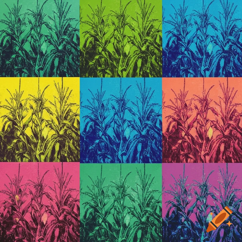 A pop art grid of nine panels, each featuring stylized corn stalks in vibrant, contrasting colors like green, yellow, blue, pink, and orange, with thick black outlines.
