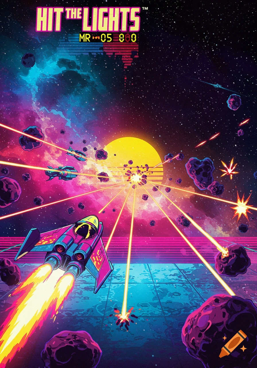 Retro-futuristic space scene with a vibrant pink and blue nebula, featuring a spaceship firing lasers at asteroids and other ships, under a yellow sun.