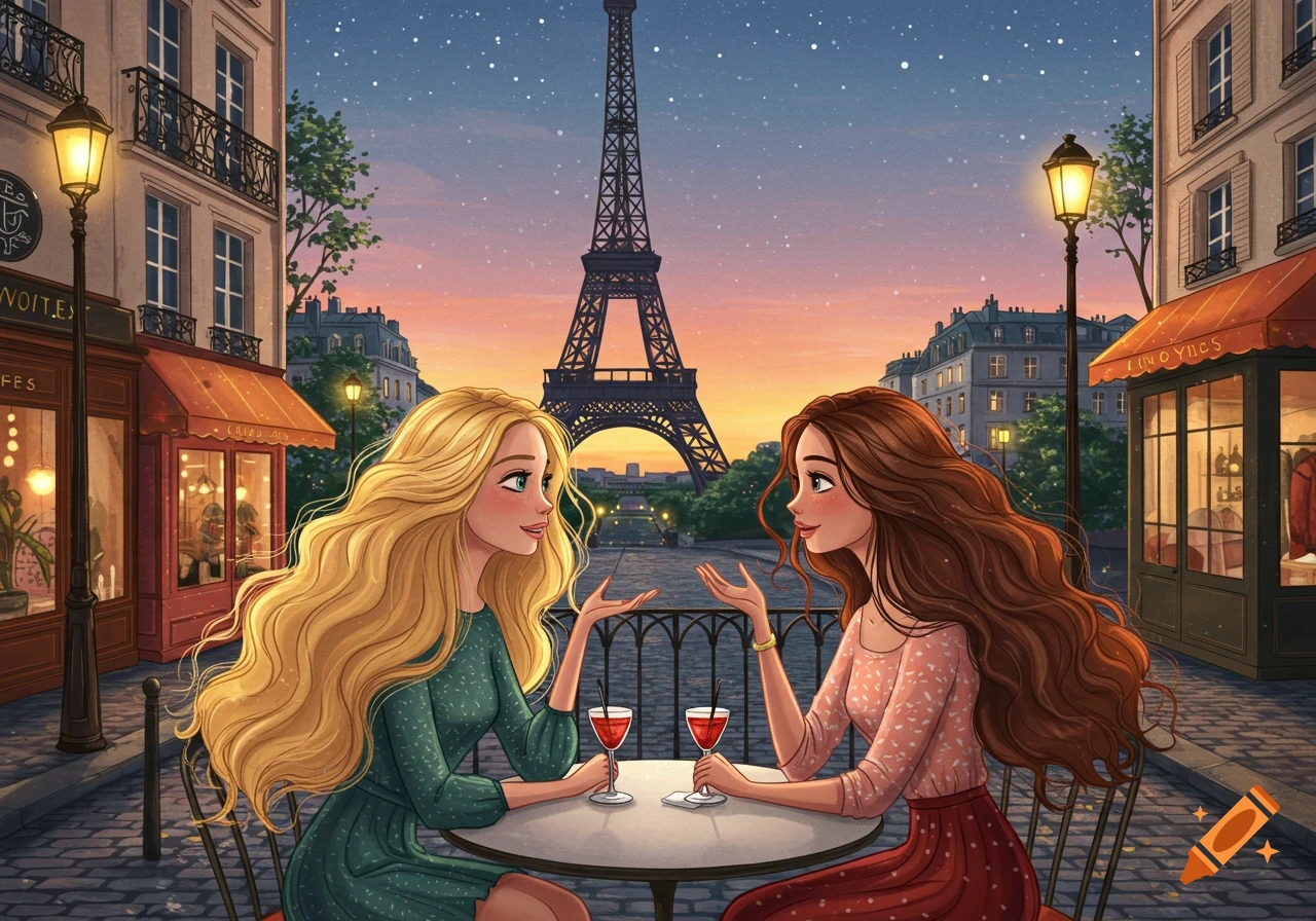 Two women talking at an outdoor cafe in Paris with the Eiffel Tower at dusk, in a whimsical illustration style.