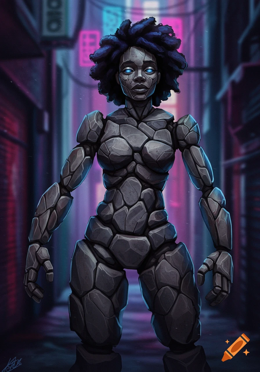 A female stone golem with glowing blue eyes and dark curly hair stands in a neon-lit urban alleyway.