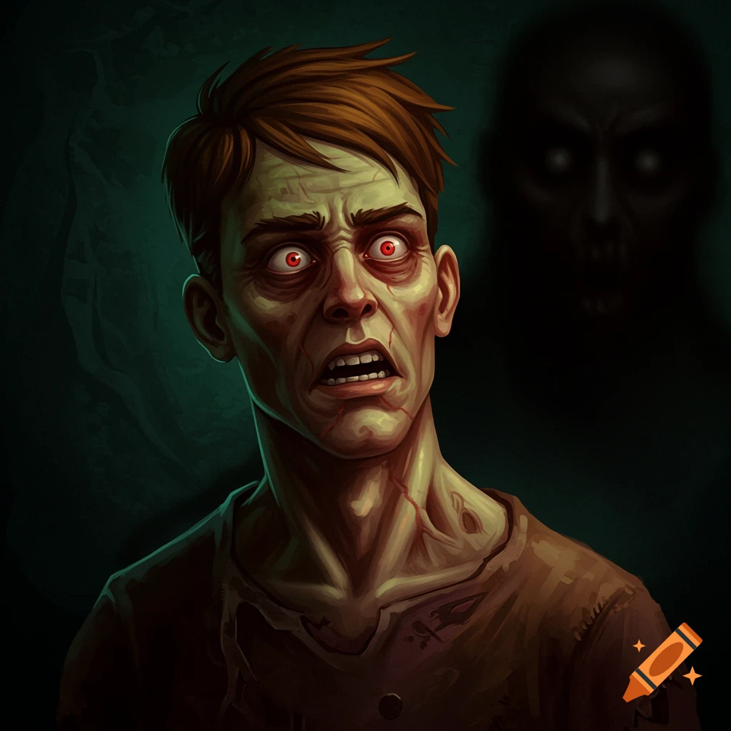 A stylized illustration of a pale, distressed man with red eyes and an open mouth, a shadowy figure looms behind him.