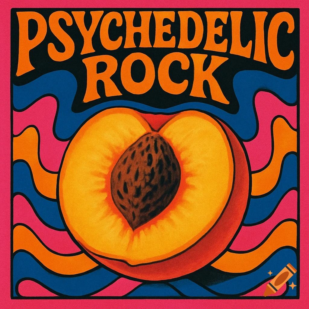 A vibrant psychedelic album cover with a halved peach at the center and "PSYCHEDELIC ROCK" text at the top.