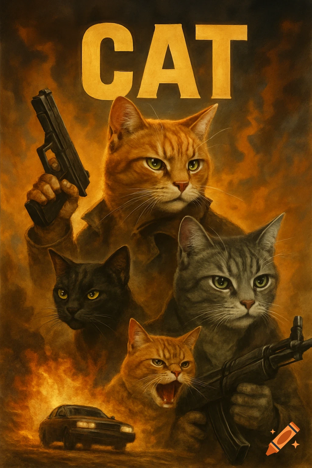A dramatic movie poster featuring several cats, one holding a pistol and another an assault rifle, with a car and explosions, and the word "CAT" at the top.