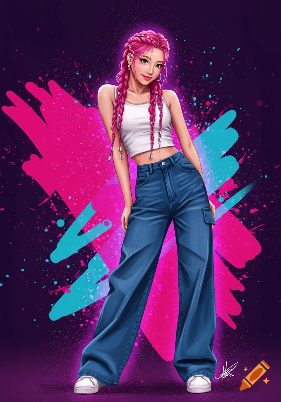 Anime-style K-pop girl with pink braided hair, white crop top, and baggy jeans against a vibrant pink and blue splash background.