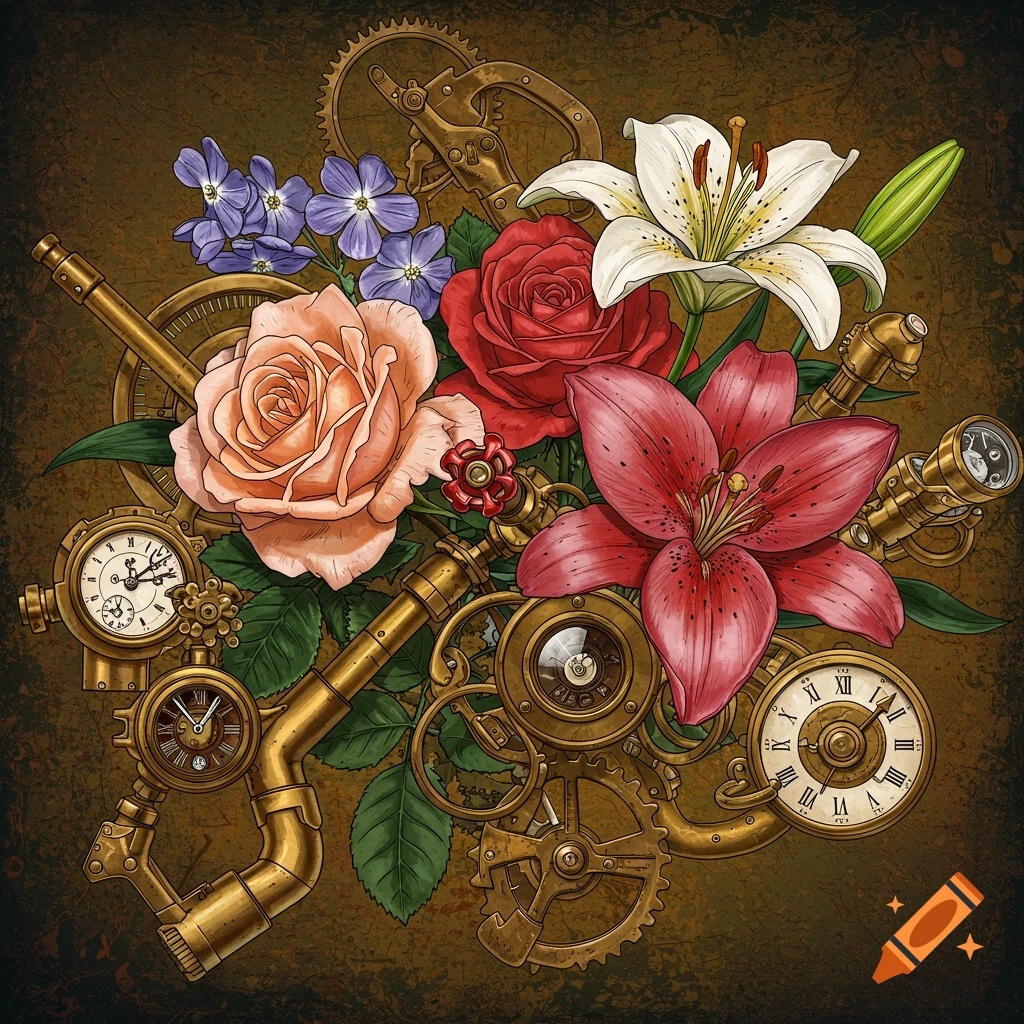 A vibrant illustration of flowers intertwined with steampunk gears, pipes, and clockwork elements on a textured dark background.